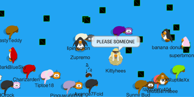 A Club Penguin avatar begging for help